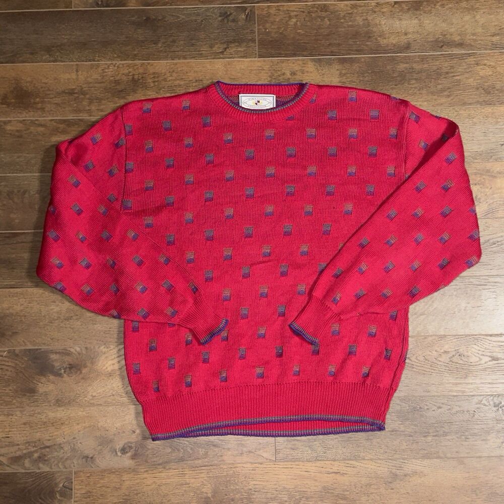 Vintage Pinnacle Collection Sweater Men L Red Geometric Textured Grandpa Grunge
